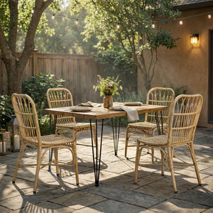 English Elm 5 Piece Outdoor Dining Set Acacia Wood Table Woven Rattan Chairs Patio Backyard N762S000013AAN