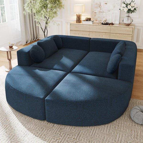 English Elm Boneless Modular Sectional Sofa with Curved Ends, Deep Bouclé Seating, Convertible Sofa Bed & Pillows for Living Room Blue N719S002120C