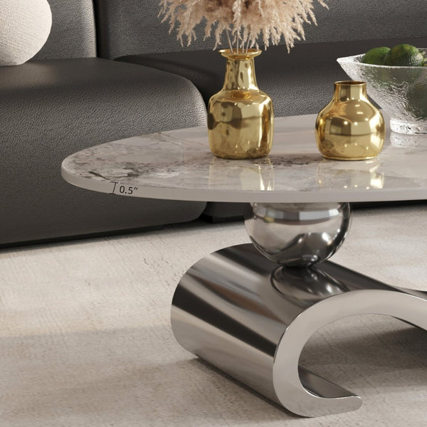 English Elm Silver Sintered Stone Top Coffee Table with Mirrored Steel Pedestal for Modern Living W3985S00018