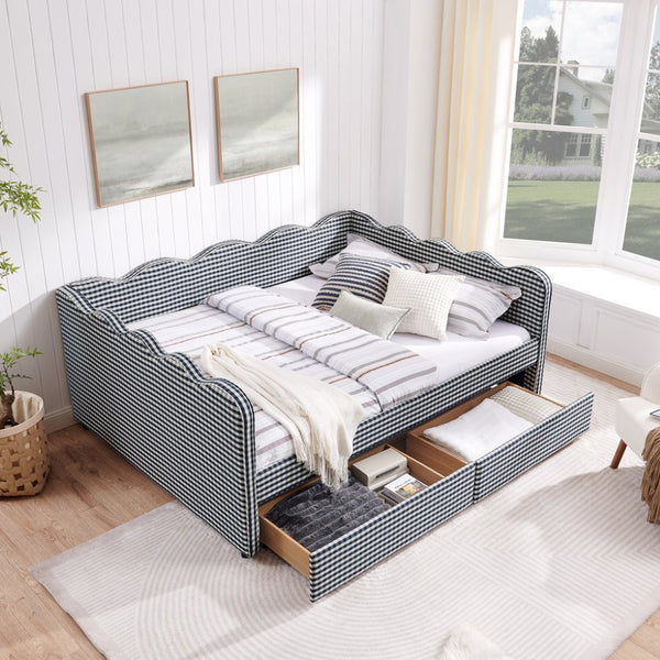 English Elm Queen Gingham Linen Daybed with Wave Backrest Two Storage Drawers and Usb Port Navy Blue W1413S00152
