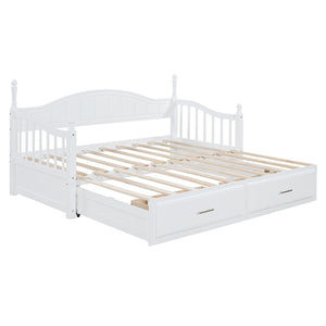 English Elm Wooden Twin Daybed with Trundle and Two Storage Drawers, Solid MDF Frame, Guardrails for Safety and Style White 43.5 L x 24.75 W x 6 H N733S173459K