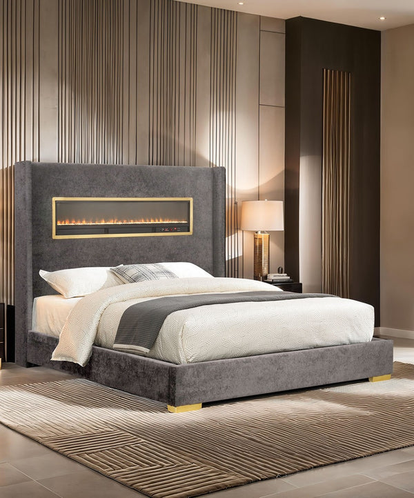 English Elm Contemporary Upholstered Platform Bed with Fireplace Simulator and Bluetooth Audio Gray,Multi B2741P439942