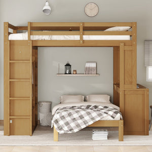 English Elm Full Solid Wood Loft Bed with Removable Lower Bed, Built-In Desk, Shelves & Wardrobe for Space-Saving Designs Natural W1580S00213