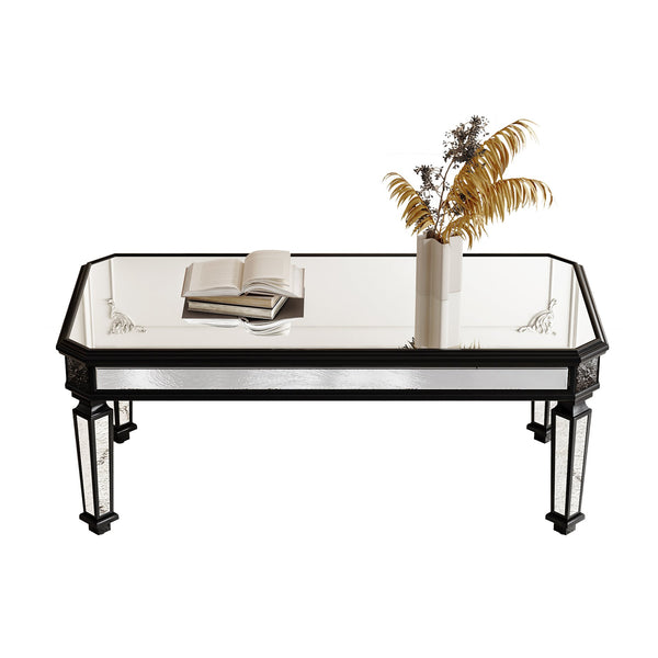 English Elm Silver Mirrored Coffee Table with Vintage Carved Accents, Rectangular Glass Top, Elegant Centerpiece, Durable & Easy-Clean Finish W1445P299191