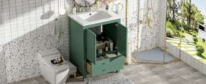 English Elm 24'' Green Bathroom Vanity with Ceramic Sink Combo — Modern Freestanding MDF & Solid Wood Storage, Soft-Close Doors, Silver Handles N710P228364F