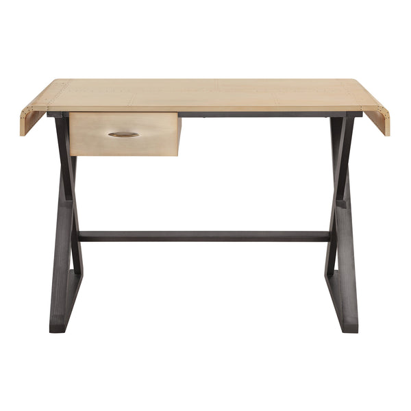 English Elm Gold Gold Aluminum and Grey Writing Desk with Patchwork Top, X-Base Metal Frame, Soft-Close Drawers and Modern Glam 95 B062P184563