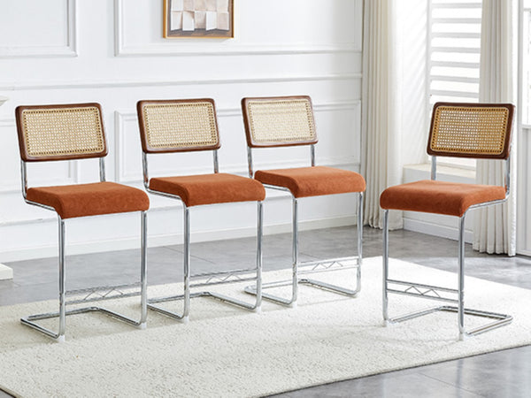English Elm Natural Rattan Backrest Counter Stools Set of 4 with Chrome Legs and Pu Leather Seats W2920S00107