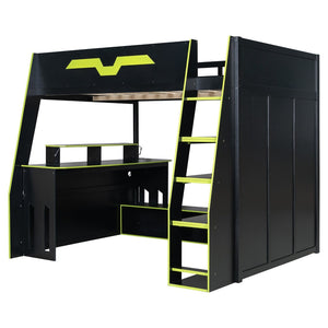 English Elm Full Size Wood Loft Bed with Rgb Lighting Desk and Multi-tier Shelves for Gaming Green LT000374AAG