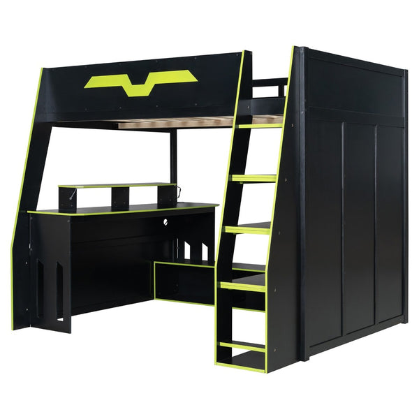 English Elm Full Size Wood Loft Bed with Rgb Lighting Desk and Multi-tier Shelves for Gaming Green LT000374AAG