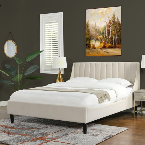 English Elm Jennifer Taylor Home - Aspen Elegant Vertical Tufted Queen Platform Bed Set In French Beige Velvet For Modern Bedrooms B2719P238514