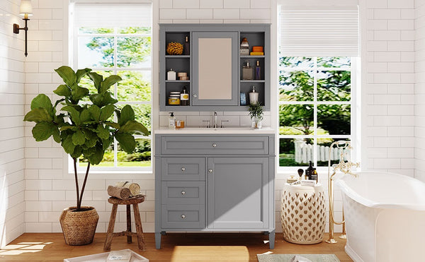 English Elm 36'' Bathroom Vanity With Medicine Cabinet - Modern Grey Storage Solution With Soft-Closing Design SW000134AAE-3