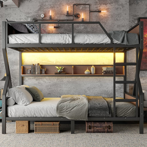 English Elm Queen Over Solid Pine Bunk Bed with Built in Shelves and Tray for Guest Rooms W5305S00013