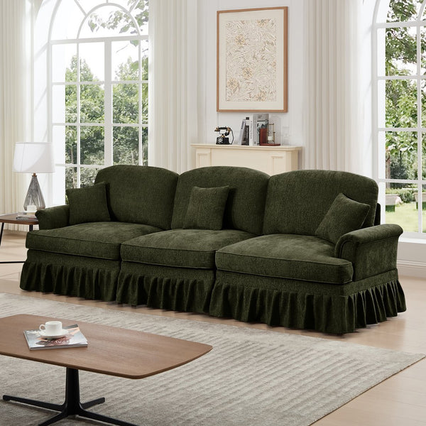 English Elm Elegant Mid Century 3-Seater Sofa With Flared Arms & Removable Skirts – Versatile Green Chenille Comfort W3041S00266
