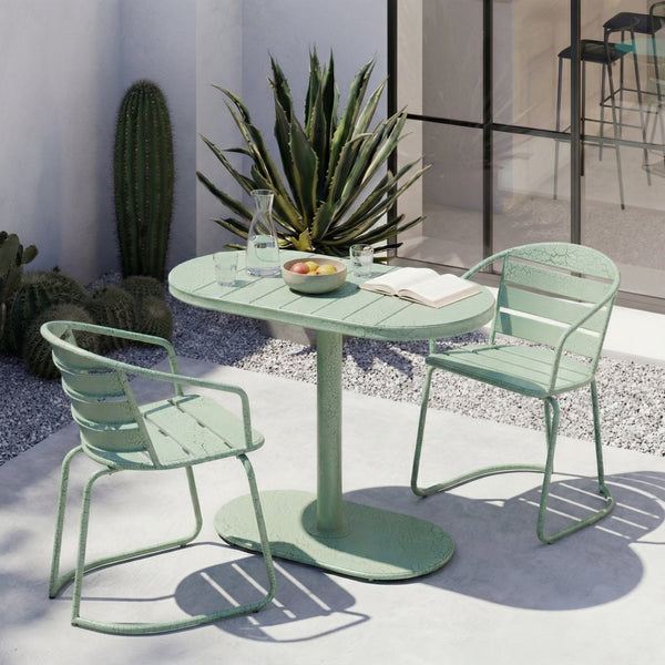 English Elm Santa Monica Outdoor Bistro Set Powder Coated Iron Oval Table Two Slat Chairs Patio Green 62015.00CGRN
