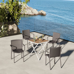 English Elm 4pcs Stackable PP Armchair Set with 55" Modern Long Table – Weatherproof, Ergonomic Outdoor Dining Suite khaki,Warm Grey,White W3450S00029