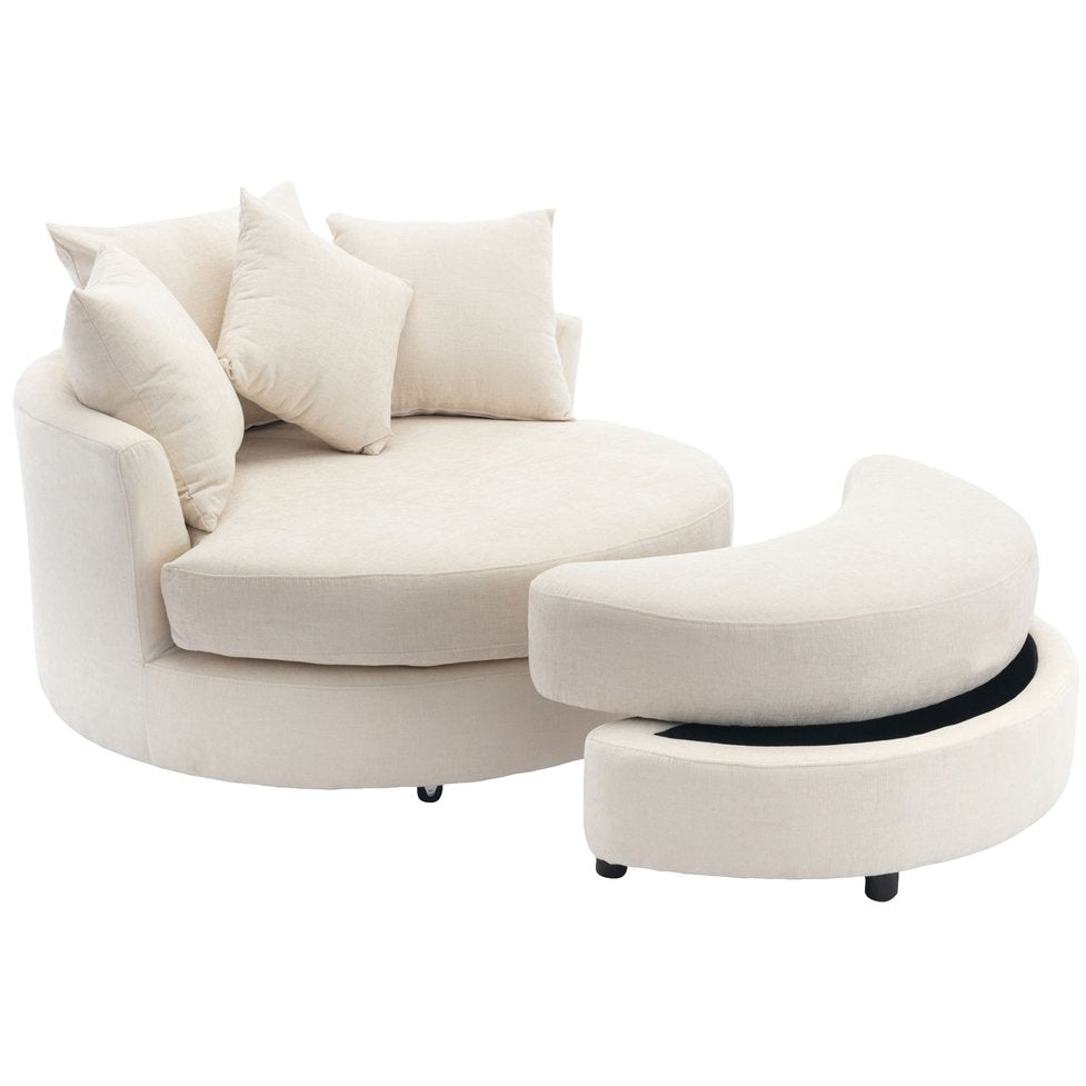English Elm Orisfur. 360° Swivel Barrel Chair with Storage Ottoman, Plush Chenille, Pocket Spring Seat, 4 Pillows Cream WF323718AAA