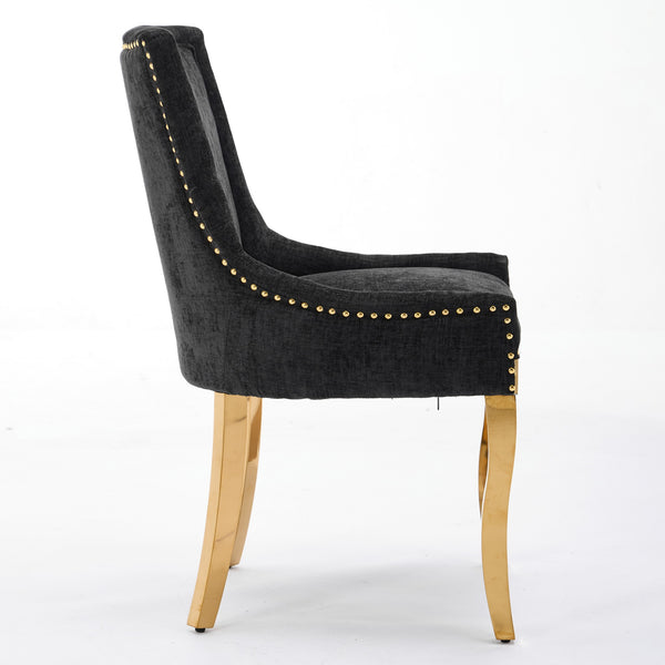 English Elm Chenille Plush Dining Chair with Curved Gold-Plated Legs, Rivet Trim, Textured Upholstery Comfort Black W1143P332685