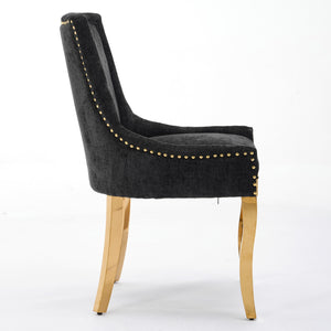 English Elm Chenille Modern Dining Chair with Curved Gold-Plated Legs, Rivet Trim, Textured Upholstery Comfort Black W1143P332685