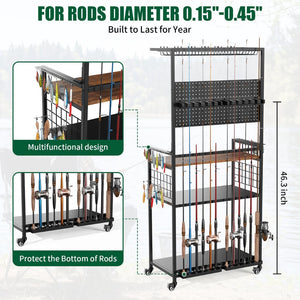 English Elm Fishing Rod Rack Rolling Organizer with Pegboard Multi-tier Metal Stand Lockable Wheels W3190P404246