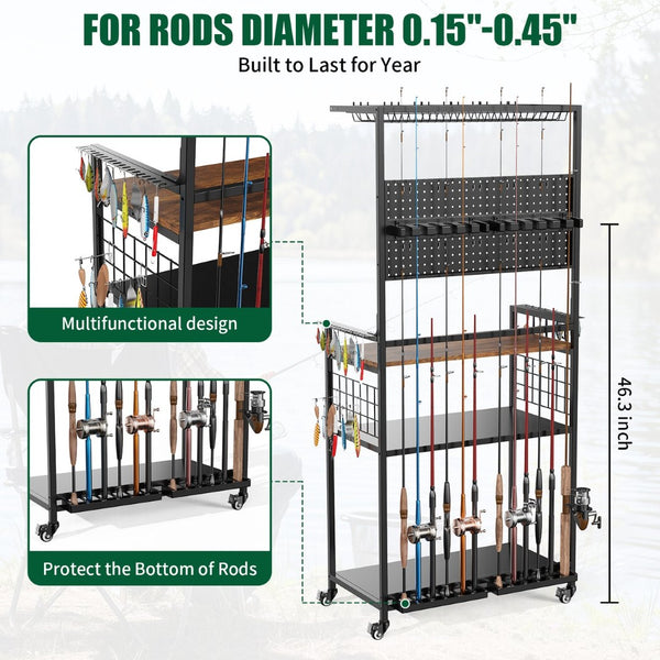 English Elm Fishing Rod Rack Rolling Organizer with Pegboard Multi-tier Metal Stand Lockable Wheels W3190P404246