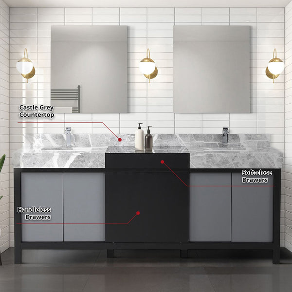 English Elm Black Double Bath Vanity 80" W With Grey Marble Top, Chrome Faucets & 30" Mirrors For Modern Style B2731S01162