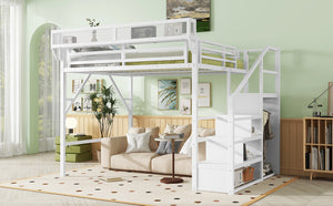 English Elm Queen Size Loft Bed With Stairs & Storage Shelves - Stylish Metal Frame For Kids & Teens, White W2580S00031-GIGA