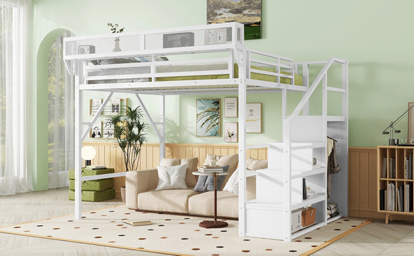 English Elm Queen Metal Loft Bed with Wardrobe Stairs and Mesh Shelves for Teen Bedroom W2580S00057