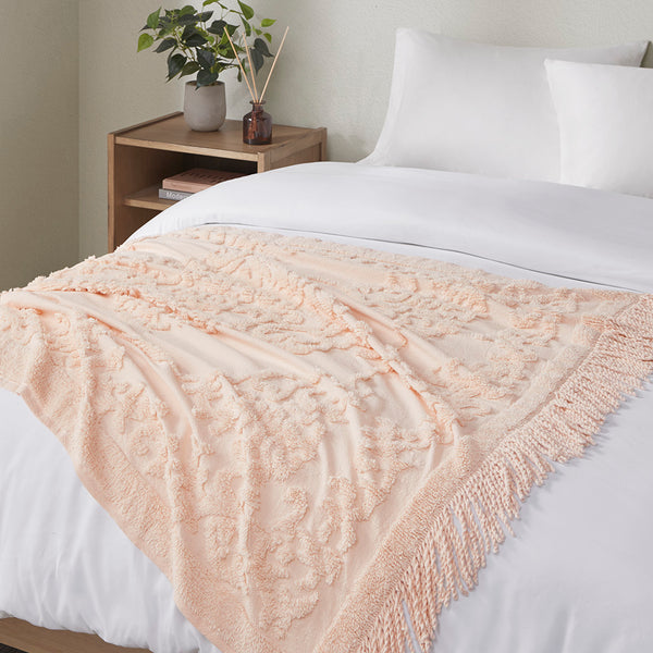 JLA Home Madison Park - 100% Cotton Tufted Chenille Throw with Fringe Tassel — Lightweight, Breathable Boho Layering Accent Blush MP50N-5511