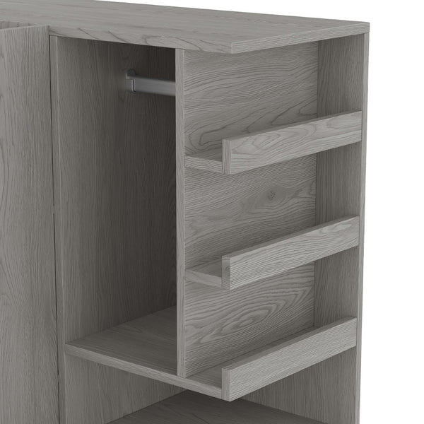 English Elm Multifunctional Wardrobe Cabinet with Fold Out Desk Hanging Rod and Storage Drawers Gray W1580S00476
