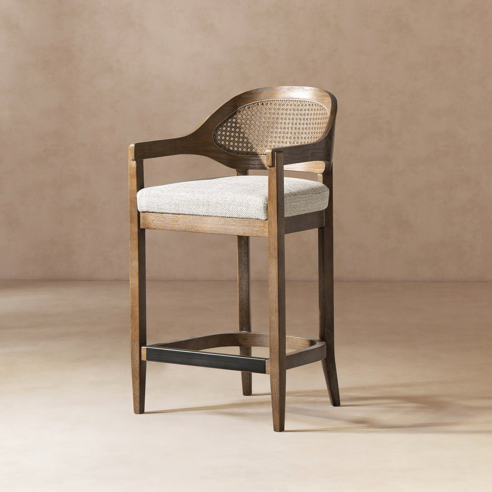 English Elm Jennifer Taylor Home - Americana Mid-Century 26" Cane Back Counter Stool — Handmade Oak Frame, Two-Tone Gray Wool Blend, Brass Footrest B2719P395564