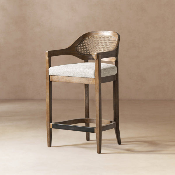 English Elm Jennifer Taylor Home - Americana Mid-Century 26" Cane Back Counter Stool — Handmade Oak Frame, Two-Tone Gray Wool Blend, Brass Footrest B2719P395564