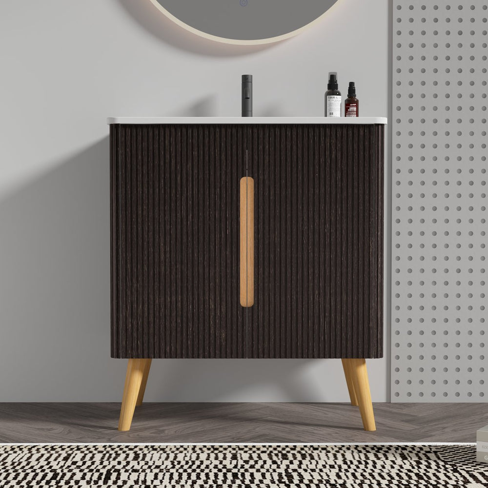 English Elm U136-ETNA30F-308 Etna 30" Brushed Black Oakt Vanity with Sink, Soft-Close Doors, Curved Edges, Storage W1865S00112
