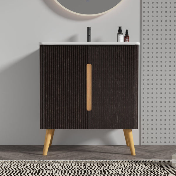 English Elm U136-ETNA30F-308 Etna 30" Brushed Black Oakt Vanity with Sink, Soft-Close Doors, Curved Edges, Storage W1865S00112