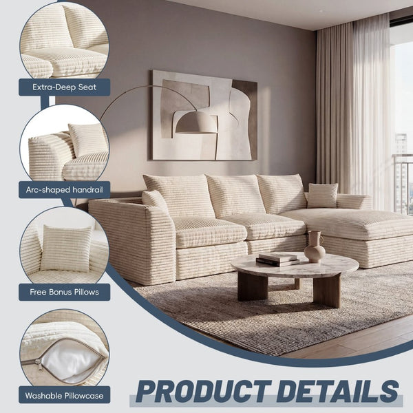 English Elm Modular Cloud Sectional Corduroy Sofa with Reversible Chaise and Memory Foam Comfort Beige White W5638S00005