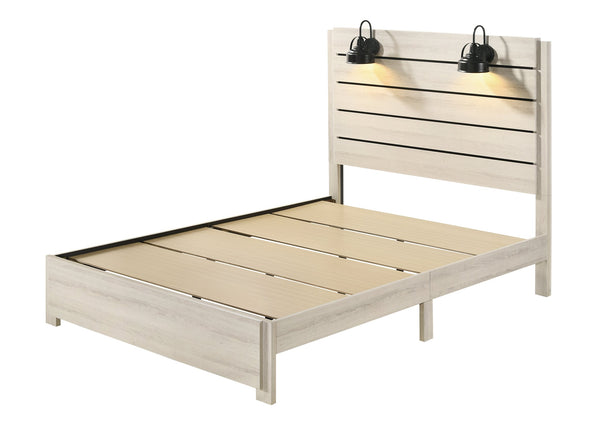 English Elm 1pc Rustic Style Butcher Block Finish Queen Size Bed with Weathered Finish, Detailed Trim, Sturdy Frame Antique White 77.32 L x 38.31 W x 11.2 H B011P230854