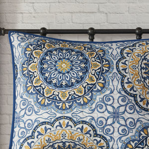 English Elm 6 Tangiers Reversible Quilt Set Full/Queen - Bold Blue & Yellow Floral Medallion Design, 6-Piece Soft Microfiber B03597623