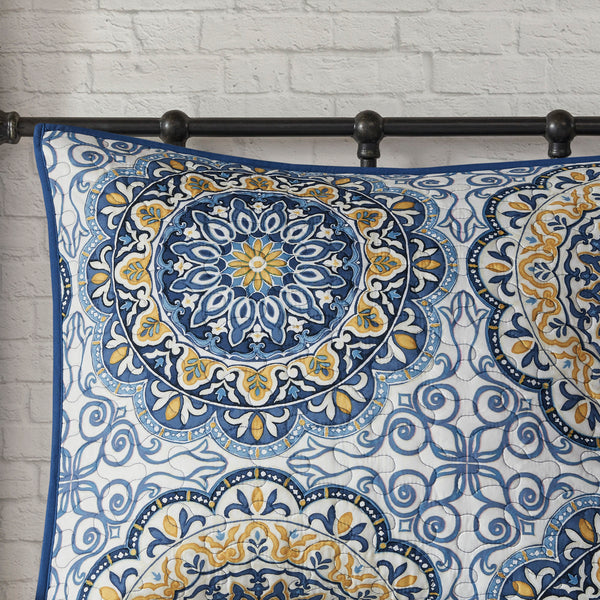 English Elm 6 Tangiers Reversible Quilt Set Full/Queen - Bold Blue & Yellow Floral Medallion Design, 6-Piece Soft Microfiber B03597623