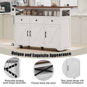 English Elm K&K 46.5'' Farmhouse Kitchen Island Cart with Beaded Drapes, Drop Leaf, Power Hub, Ample Storage White N707P254872W