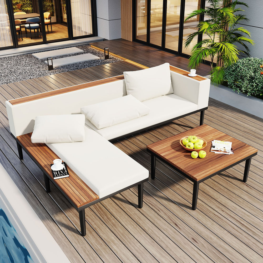 English Elm Luxury Acacia Wood Patio Sofa Set with Removable Cushions, L-Shaped Outdoor Conversation Sectional, Durable Iron Frame Beige N704G201251A