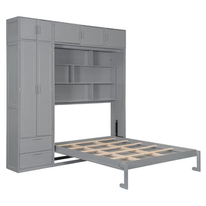 English Elm Queen Murphy Bed with Integrated Desk Cabinet Shelves Space Saving Studio Solution Gray N708S00022E-3