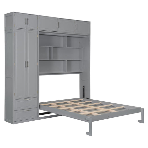 English Elm Queen Murphy Bed with Integrated Desk Cabinet Shelves Space Saving Studio Solution Gray N708S00022E-3