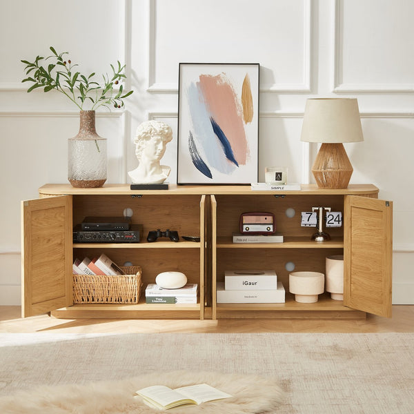 English Elm 64-Inch Wave-Shaped Tv Stand With Rattan Doors – Modern Storage Cabinet For Living Room & Bedroom W1162P309023