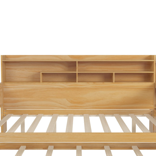 English Elm Wooden Full Size Daybed with Trundle and Built-In Desk, Side Storage Shelves for Space-Saving Rooms Natural 70 L x 18.6 W x 5.5 H N733S242277M