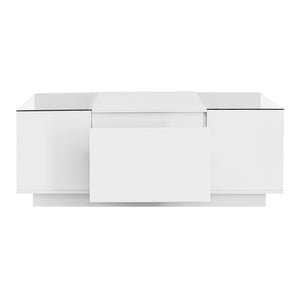 English Elm U-Can LED Coffee Table with Glass Top, 16-Color Bluetooth APP Lighting, Hidden Drawers & Open Storage White N724P290056K