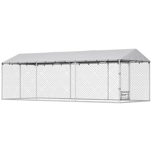 English Elm Large-sized Galvanized Steel Outdoor Dog Kennel with Oxford Fabric Weatherproof Roof T3971S00206
