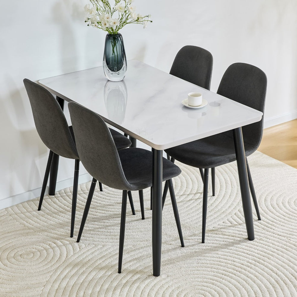 English Elm Table and Chair Set Marble Glass Top with Charcoal Linen Seats for Modern Dining W1151S04665