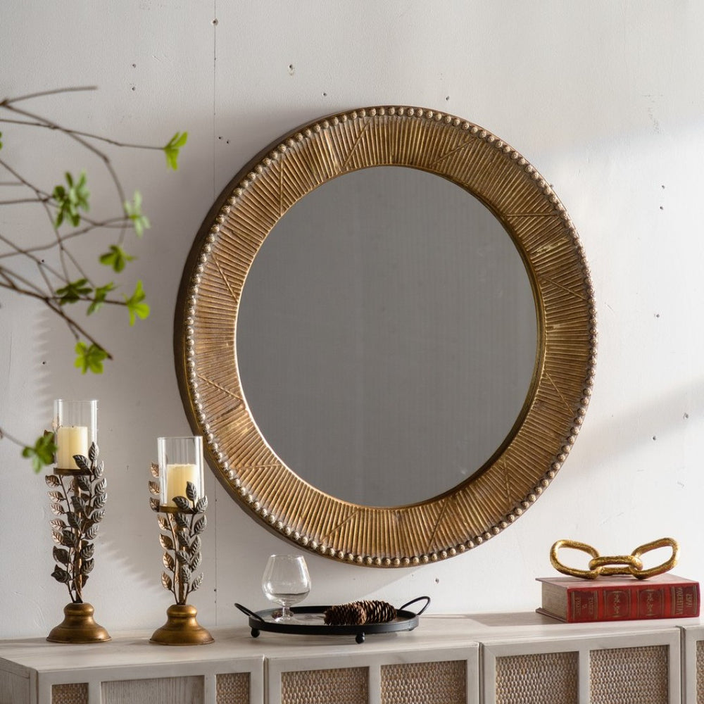 English Elm 31.3" Gold Iron Round Mirror Ribbed Texture Rivets Bohemian Accent for Bedroom W3158P407140