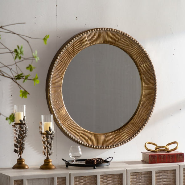 English Elm 31.3" Gold Iron Round Mirror Ribbed Texture Rivets Bohemian Accent for Bedroom W3158P407140