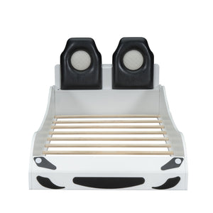 English Elm Wood Twin Race Car Platform Bed with LED Lighting, Upholstered Headrest, Sturdy Pine Build White GX002218AAK