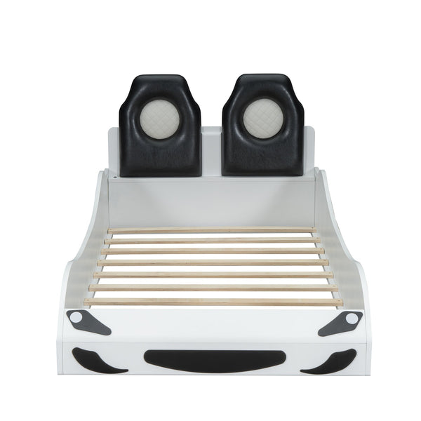 English Elm Wood Twin Race Car Platform Bed with LED Lighting, Upholstered Headrest, Sturdy Pine Build White GX002218AAK